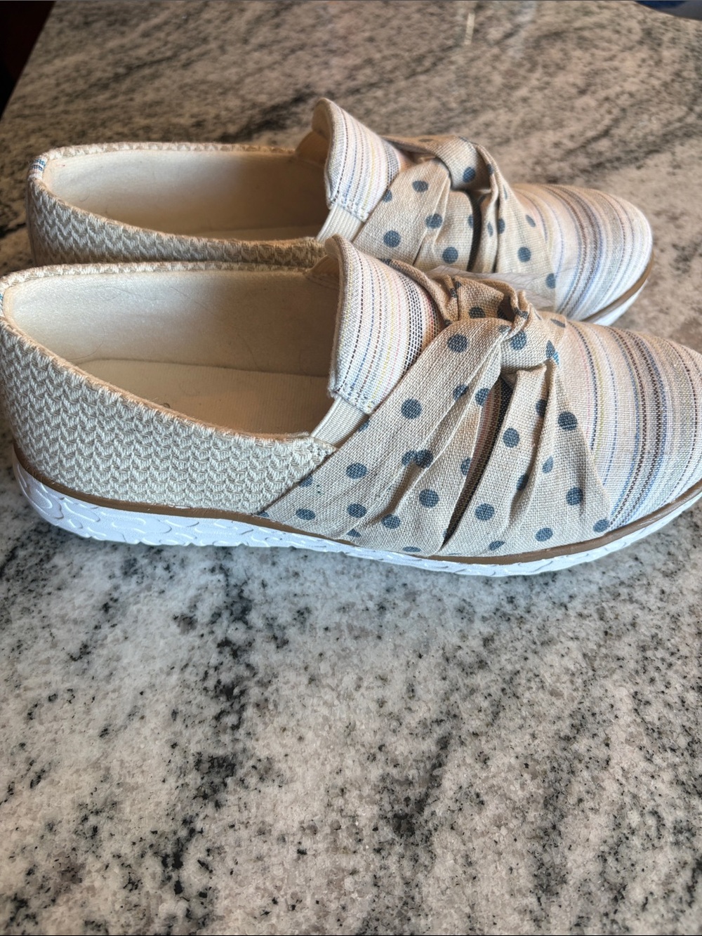 Muk Luks Cream Canvas Slip-Ons with Blue Polka Dots & Multicolor Stripes